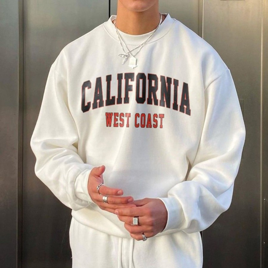 Men'S Favoshape | Men'S Retro California West Coast Printed Sweatshirt White