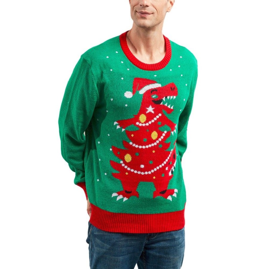 Ugly Sweater Favoshape | Men'S Dinosaur Tree Pattern Ugly Christmas Sweater Green