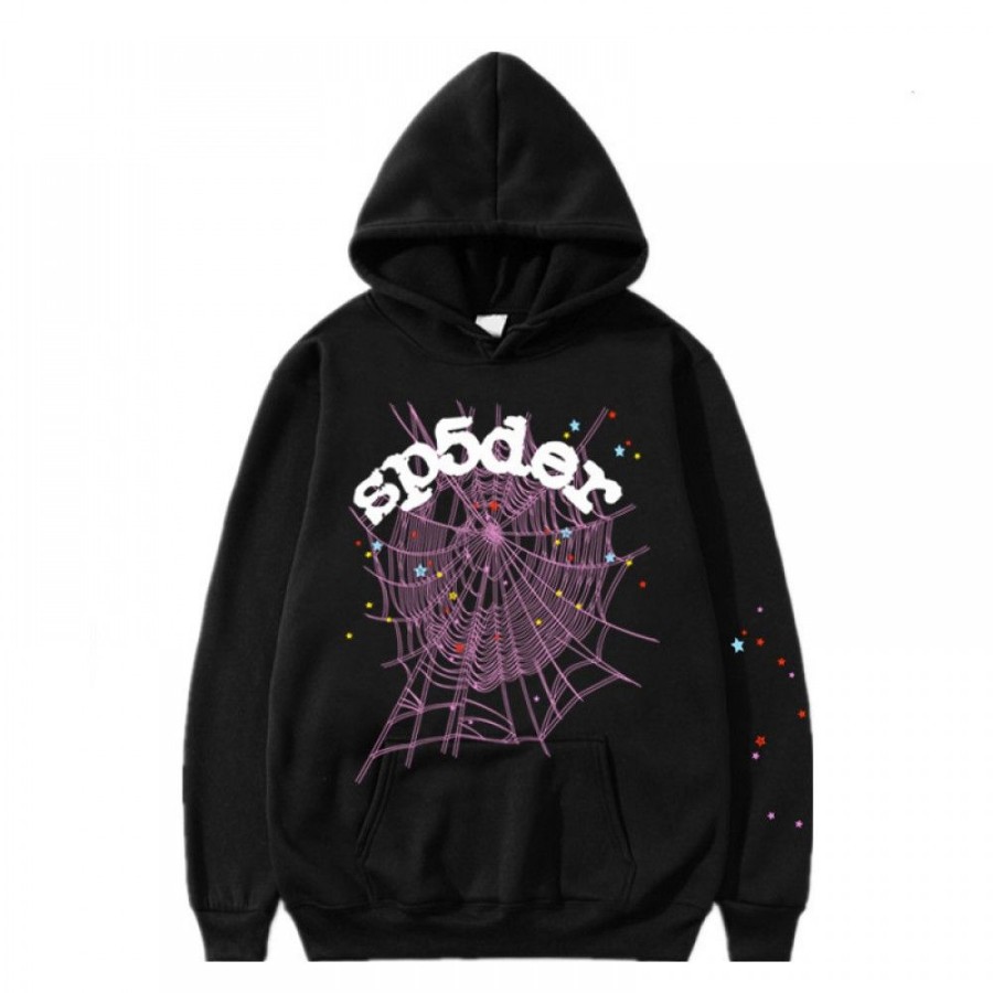 Men'S Favoshape | Unisex Streetwear Sp5Der Web Colorful Drill Printed Hoodie Black