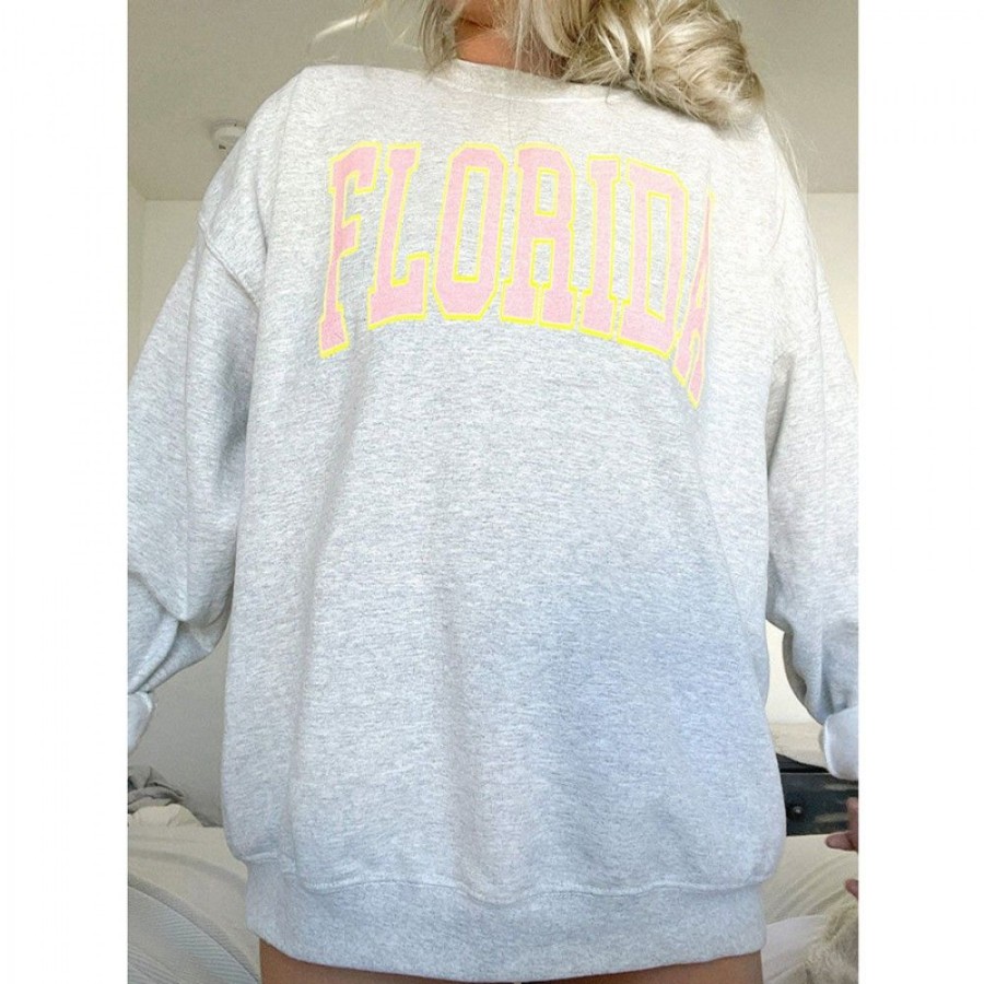 Women'S Favoshape | Women'S Oversized Florida Printed Crewneck Sweatshirt Grey