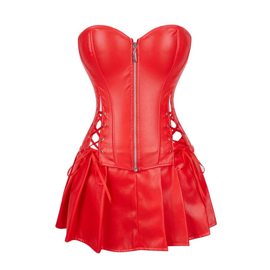 Corsets Favoshape | Women'S Steampunk Leather Corset Dress Front Zipper Strappy Bustier