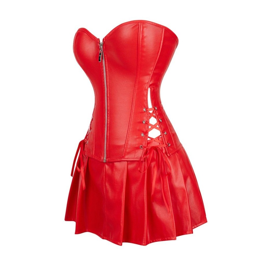 Corsets Favoshape | Women'S Steampunk Leather Corset Dress Front Zipper Strappy Bustier