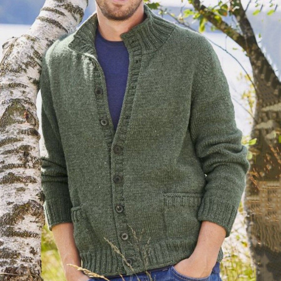 Men'S Favoshape | Men'S Vintage Donegal Button-Up Ribbed Collar Cardigan Sweater Army Green