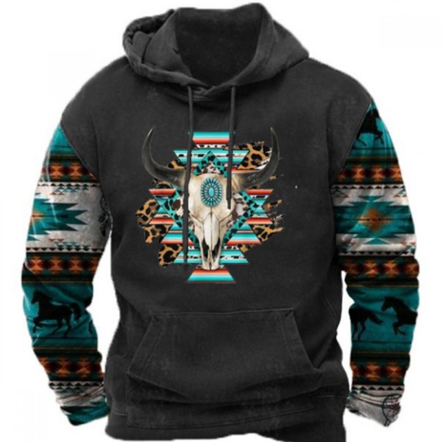 Men'S Favoshape | Men'S Western Cowboy Aztec Print Drawstring Hoodie