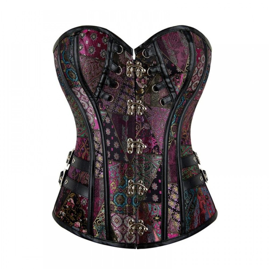 Corsets Favoshape | Women'S Steampunk Brocade Steel Overbust Boned Bustier Corset With Buckle Purple