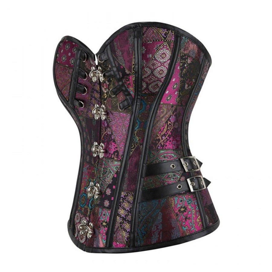 Corsets Favoshape | Women'S Steampunk Brocade Steel Overbust Boned Bustier Corset With Buckle Purple