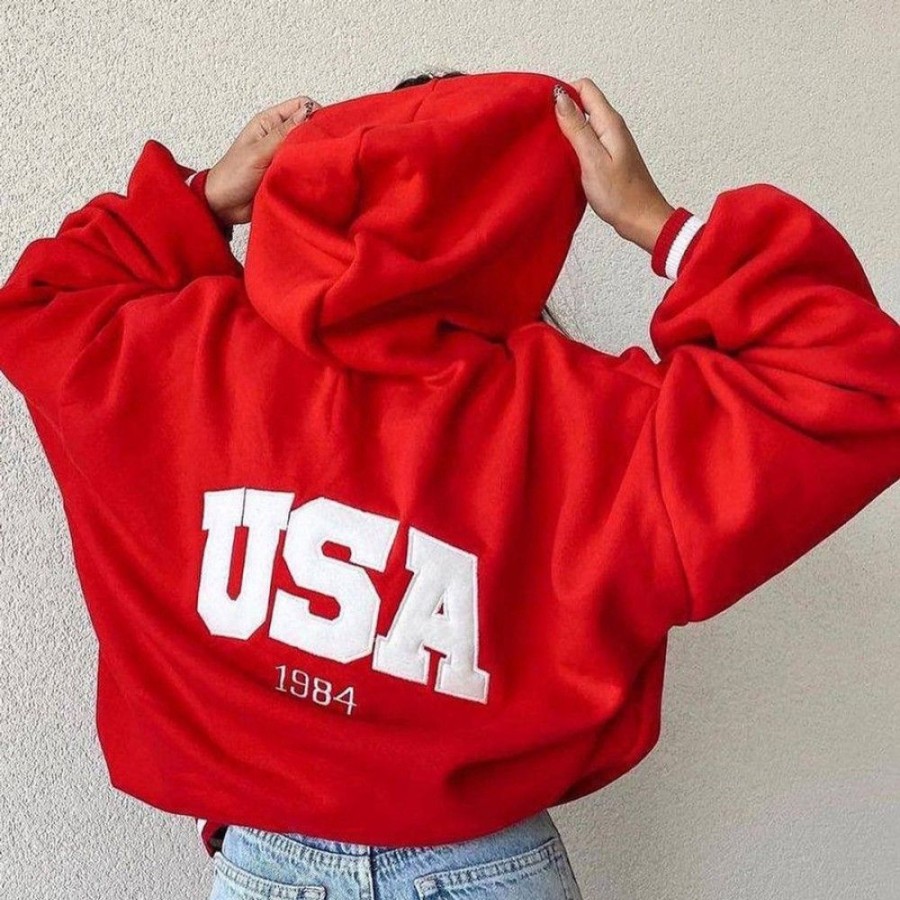 Women'S Favoshape | Women'S Oversized Usa 1984 Printed Hoodie