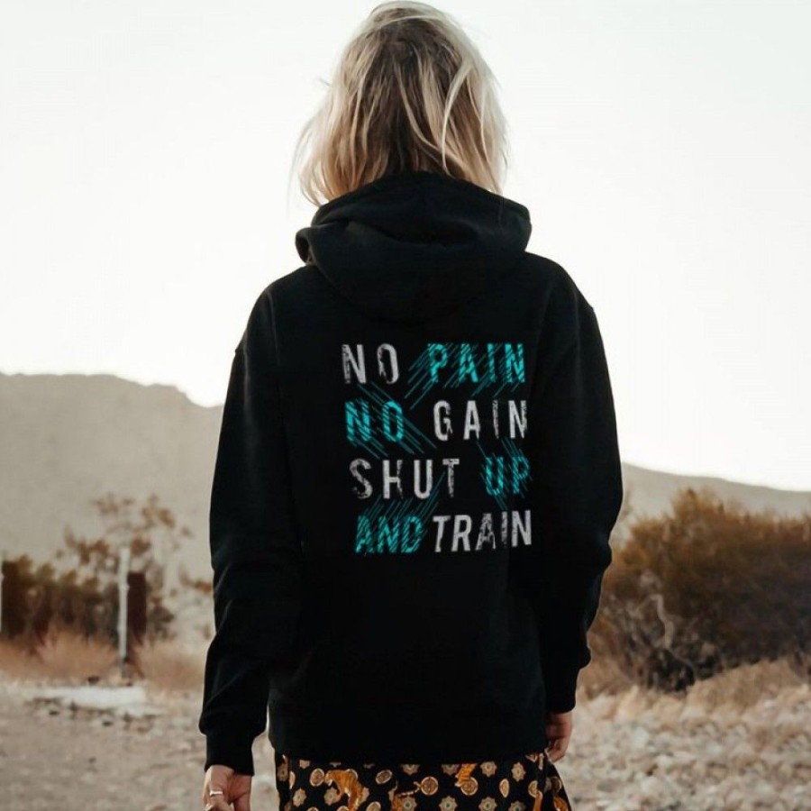 Women'S Favoshape | No Pain No Gain Shut Up And Train Printed Hoodie Black