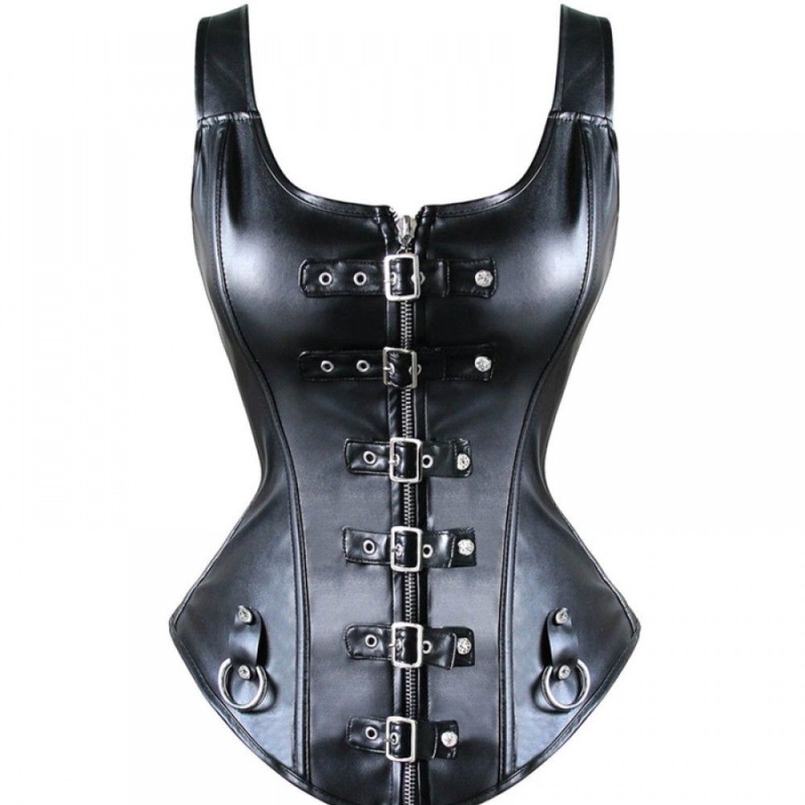 Corsets Favoshape | Women'S Steampunk Waist Cincher Overbust Corset Leather Buckle Up Basque Bustier Black