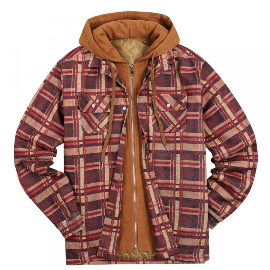 Men'S Favoshape | Men'S Western Plaid Shirt Lined Zip Up Hooded Thicked Flannel Winter Jacket