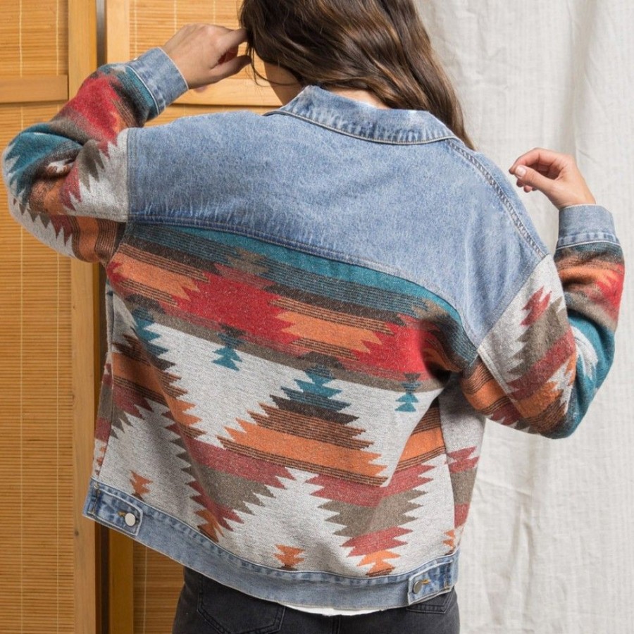 Women'S Favoshape | Women'S Western Aztec Patchwork Denim Jacket Coat Blue