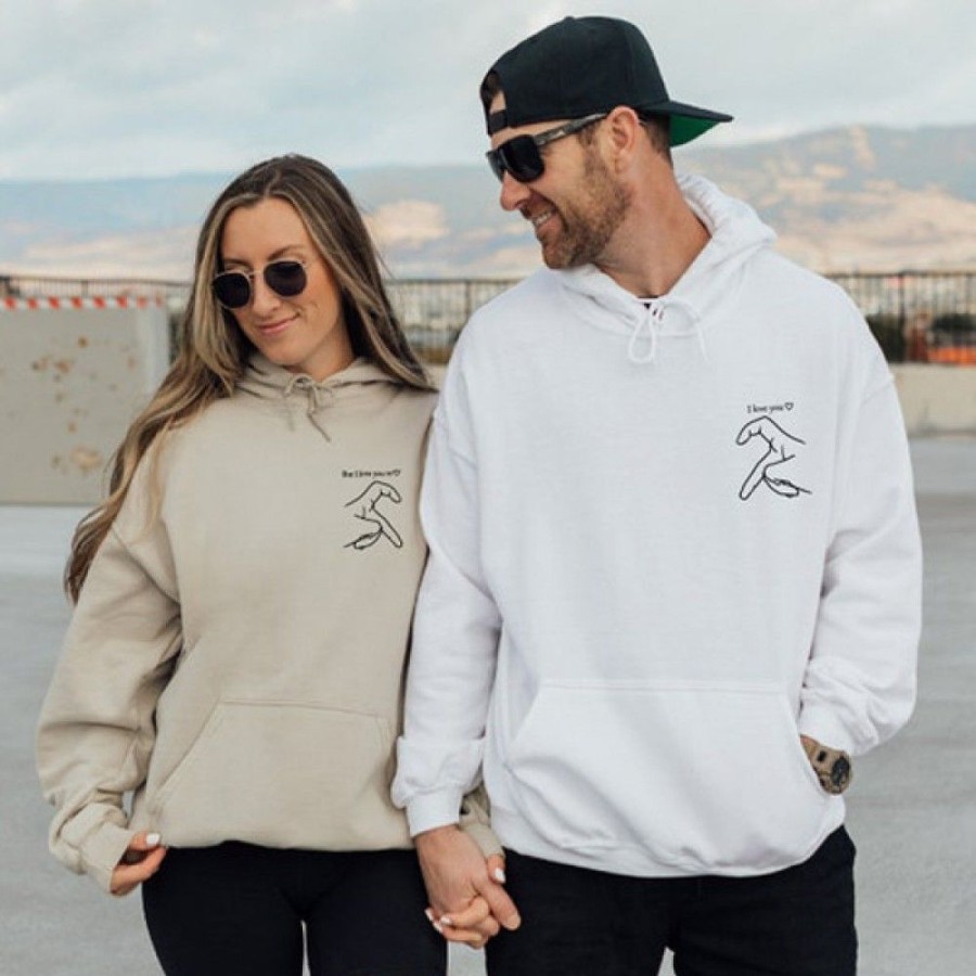 Custom Favoshape | Couple Hand Heart Portrait I Love You Couple Hoodies