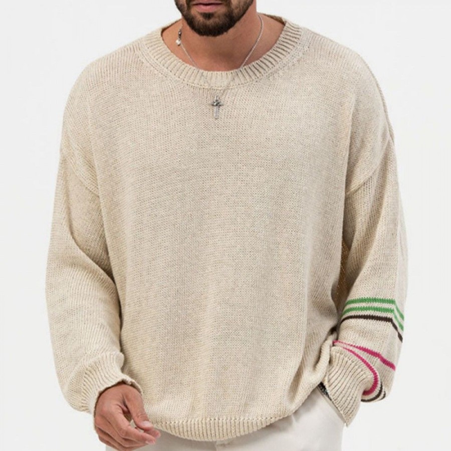 Men'S Favoshape | Men'S Western Thin Knit Round Neck Pullover Sweater Apricot