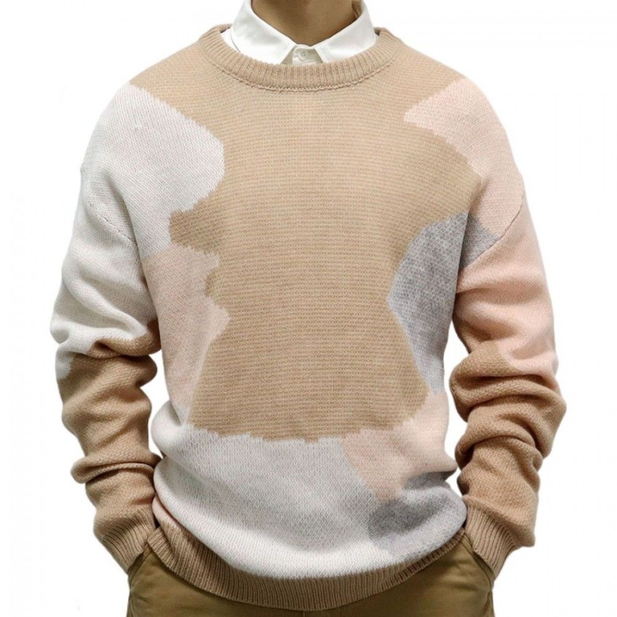 Men'S Favoshape | Men'S Retro Color Block Knit Crewneck Pullover Sweater Khaki