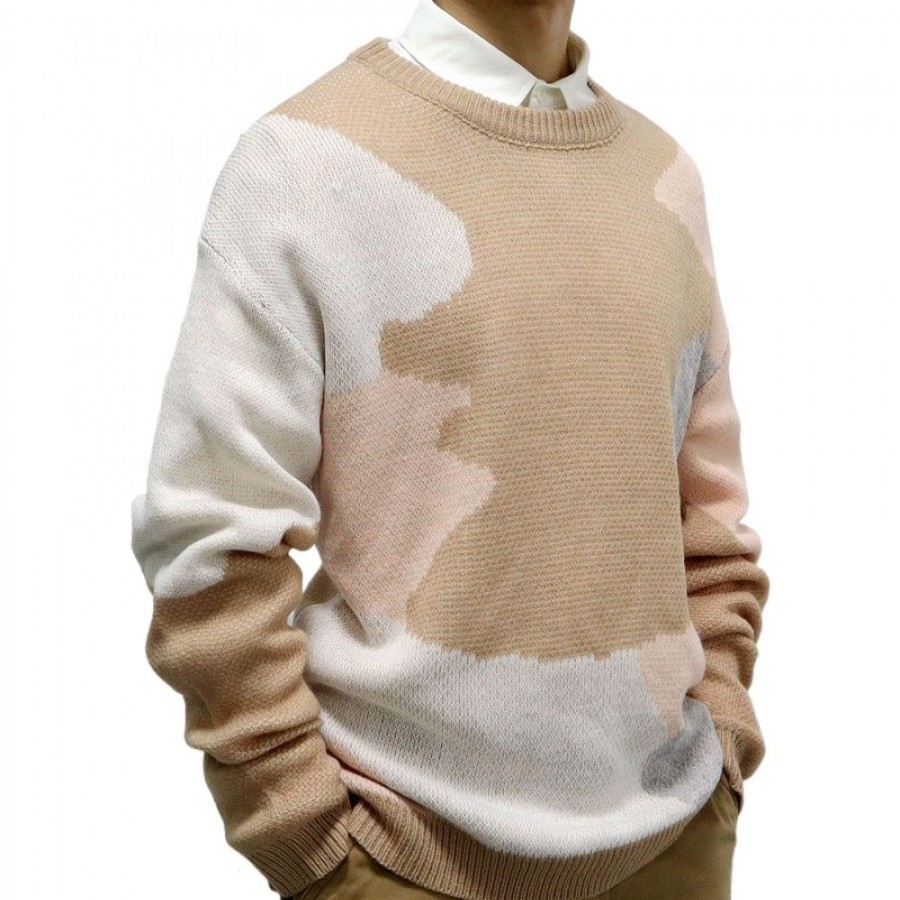 Men'S Favoshape | Men'S Retro Color Block Knit Crewneck Pullover Sweater Khaki