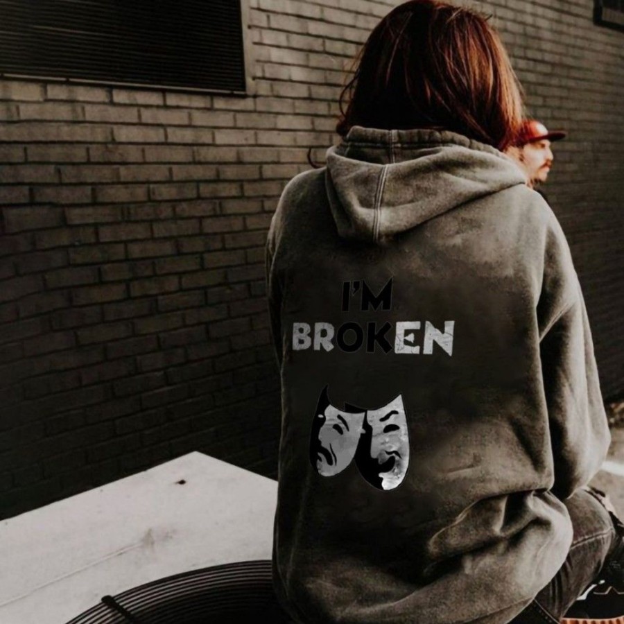 Women'S Favoshape | Women'S I'M Broken I'M Ok Printed Hoodie Grey