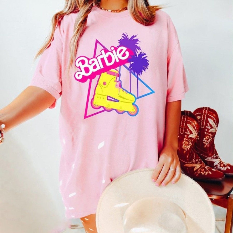 Women'S Favoshape | Women'S Barbie Roller Skate Graphic Printed Crewneck T-Shirt Pink