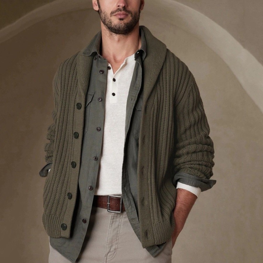 Men'S Favoshape | Men'S Olive Green Button-Up Lapel Knit Chunky Cardigan Army Green