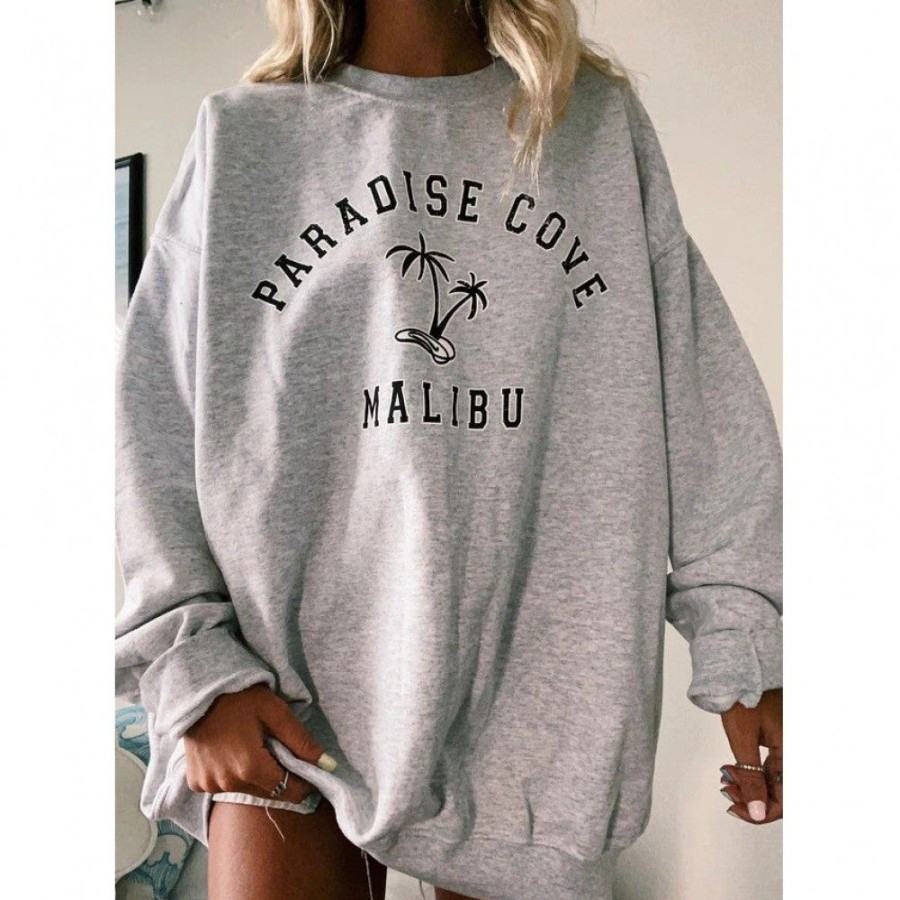 Women'S Favoshape | Women'S Oversized Paradise Cove Malibu Palm Tree Crewneck Sweatshirt Grey