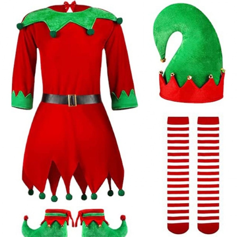 Ugly Sweater Favoshape | Women'S Christmas Elf Cosplay 4 Pack Set Santa'S Helper Costume Dress Red