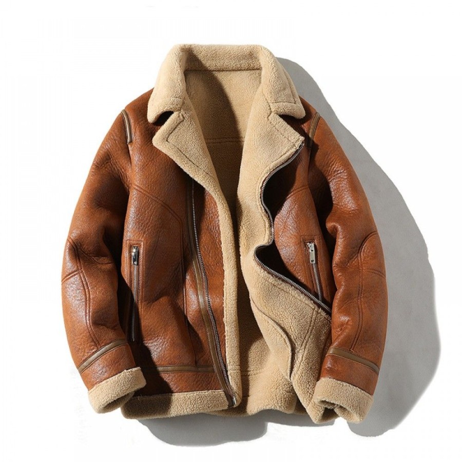 Men'S Favoshape | Men'S Thickened Leather Shearling Lapel B3 Bomber Jacket Light Tan