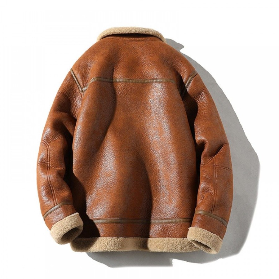 Men'S Favoshape | Men'S Thickened Leather Shearling Lapel B3 Bomber Jacket Light Tan