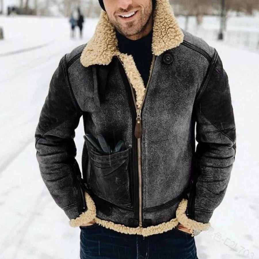 Men'S Favoshape | Men'S Fleece Fur Lined Artificial Shearling Aviator Bomber Jacket