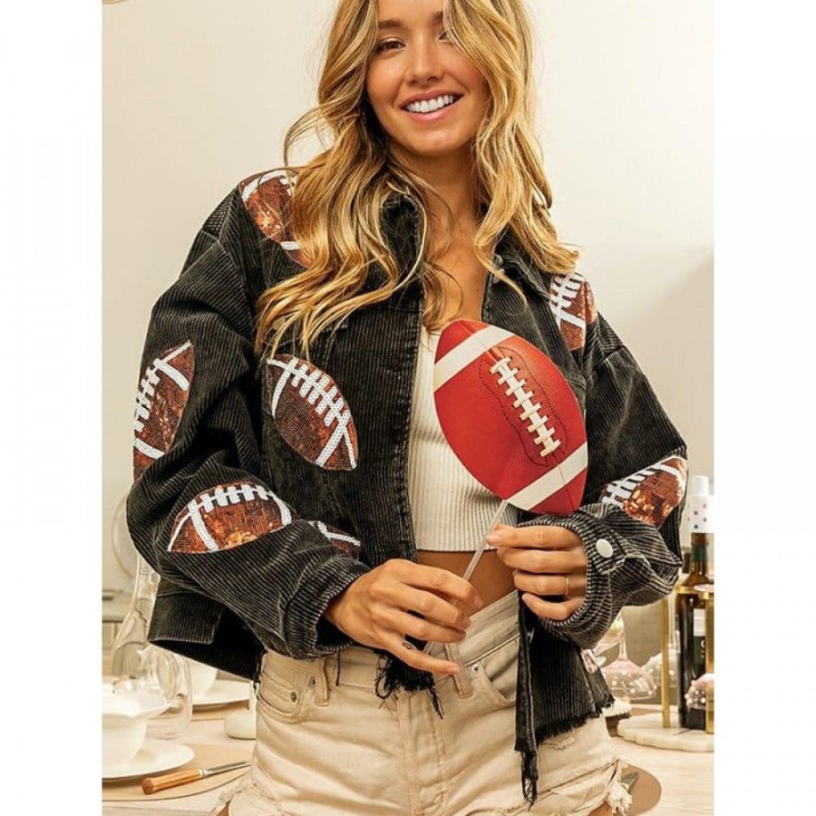 Women'S Favoshape | Women'S Retro Sequin Football Distressed Jacket