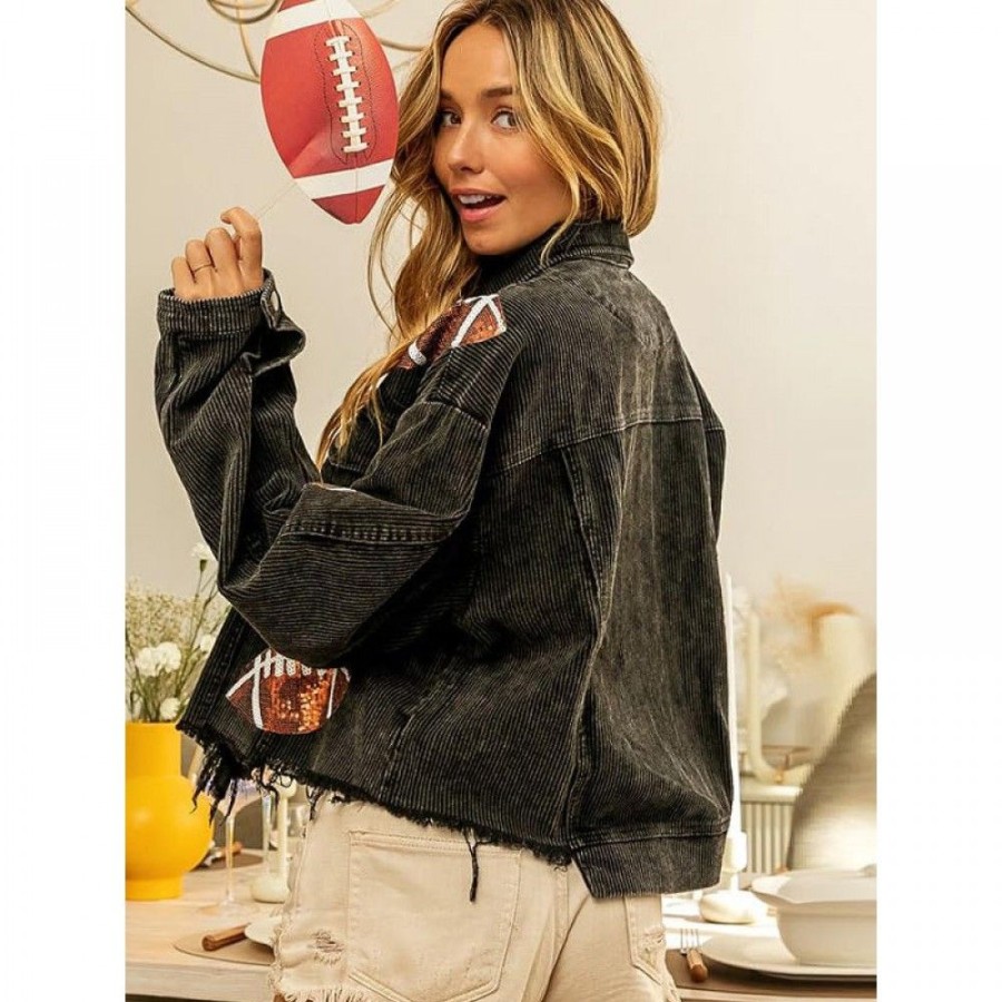 Women'S Favoshape | Women'S Retro Sequin Football Distressed Jacket