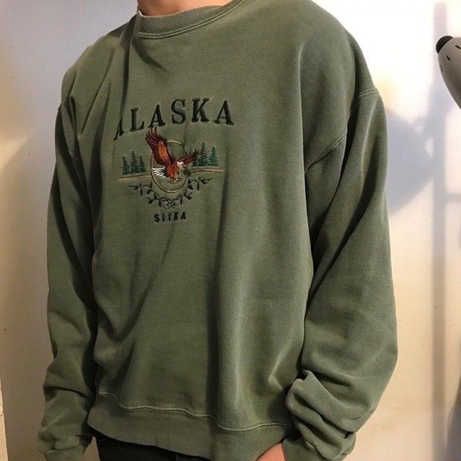 Men'S Favoshape | Men'S Vintage Alaska Crewneck Sweatshirt Green