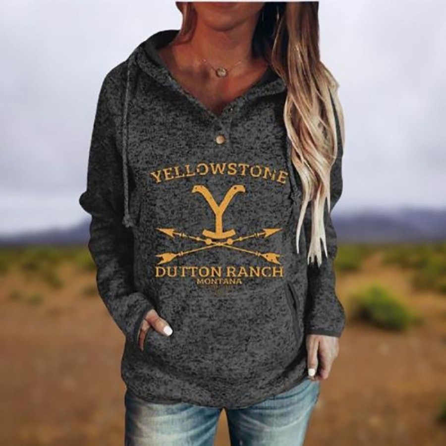 Women'S Favoshape | Women'S Classic Yellowstone Dutton Ranch Montana Printed Hoodie Black