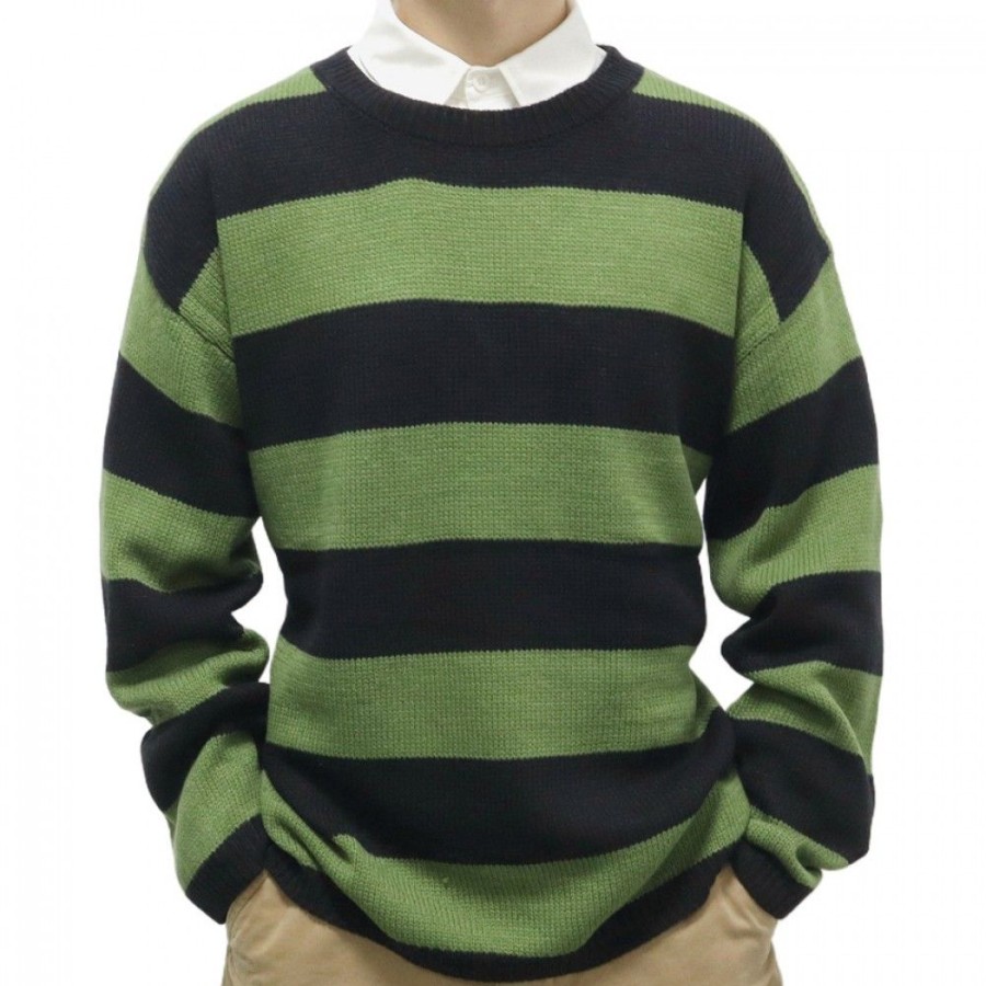 Men'S Favoshape | Men'S Olive Stripes Knit Crewneck Pullover Sweater Green