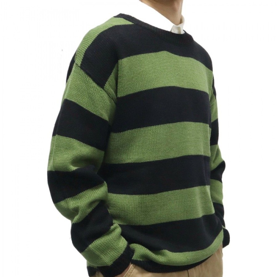 Men'S Favoshape | Men'S Olive Stripes Knit Crewneck Pullover Sweater Green