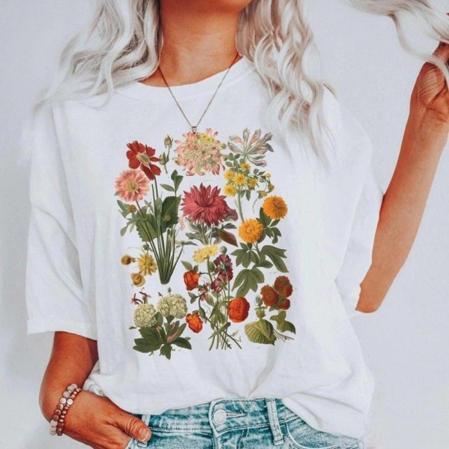 Women'S Favoshape | Women'S Retro Wildflowers Graphic Printed T-Shirt White