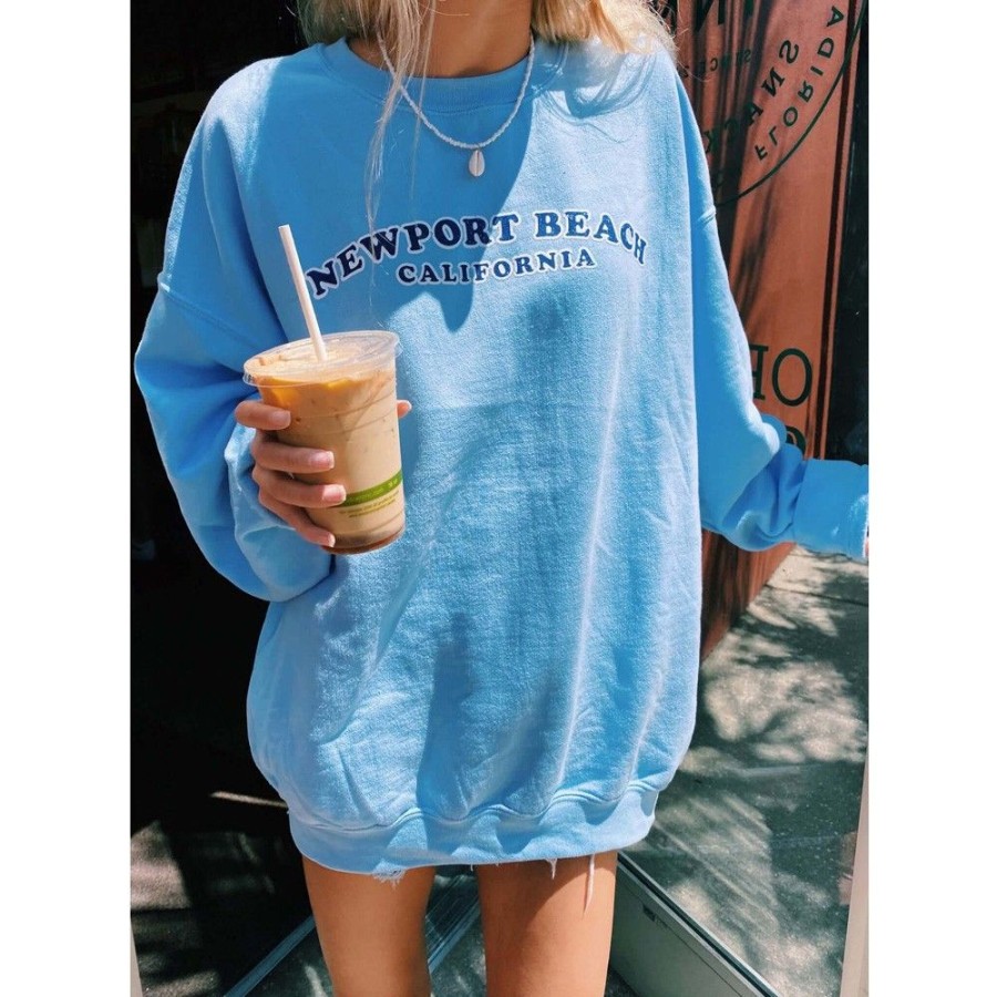 Women'S Favoshape | Women'S Preppy Newport Beach California Crewneck Sweatshirt Blue