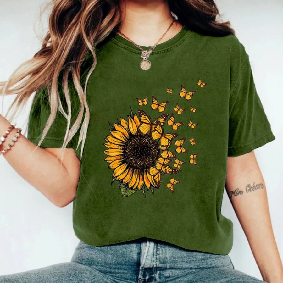 Women'S Favoshape | Women'S Butterfly Sunflower Graphic T-Shirt