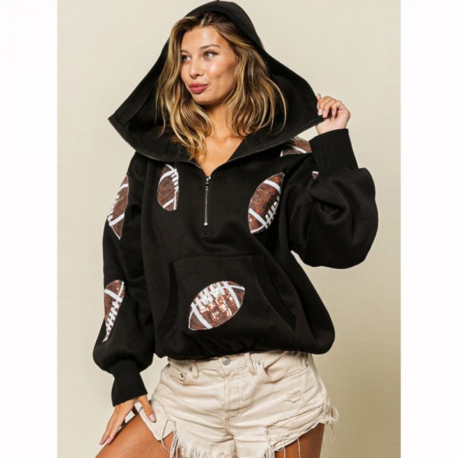 Women'S Favoshape | Women'S Loose Football Sequins Half Zip Pullover Hoodie