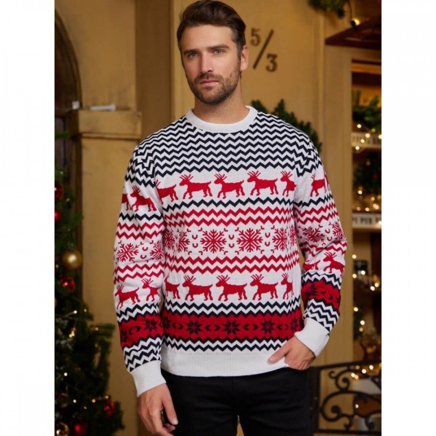 Men'S Favoshape | Unisex Reindeer Snowflake Pattern Round Neck Ugly Christmas Sweater