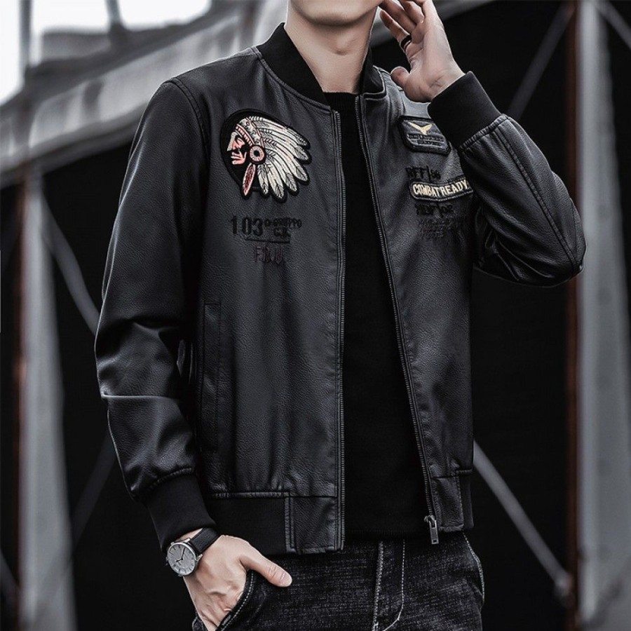 Men'S Favoshape | Men'S Indian Embroidery Flying Jacket Slim Motorcycle Pu Leather Coat