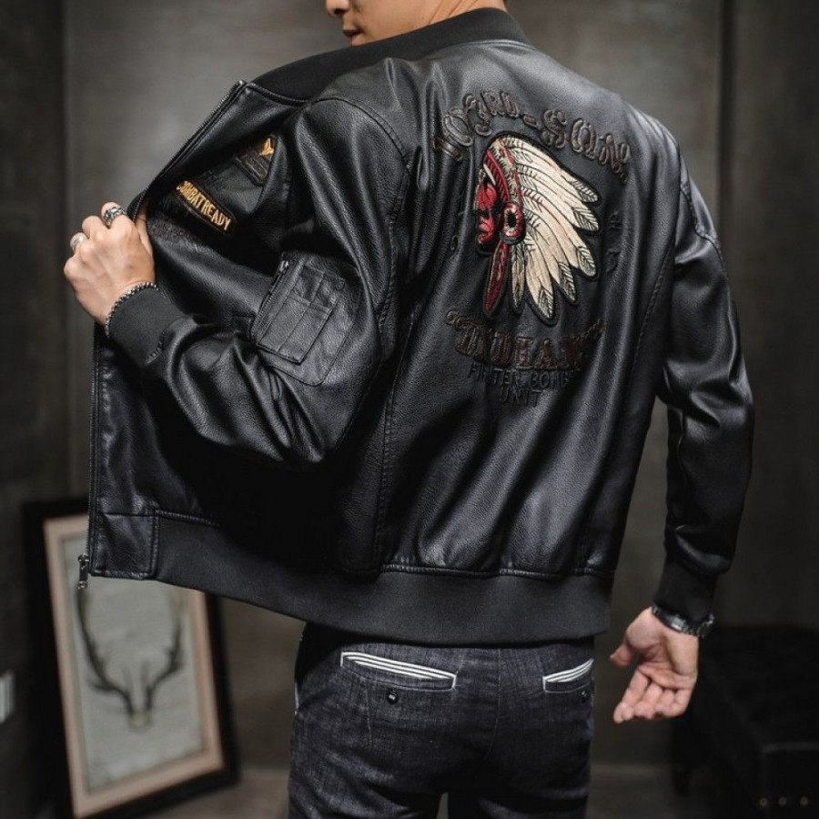 Men'S Favoshape | Men'S Indian Embroidery Flying Jacket Slim Motorcycle Pu Leather Coat